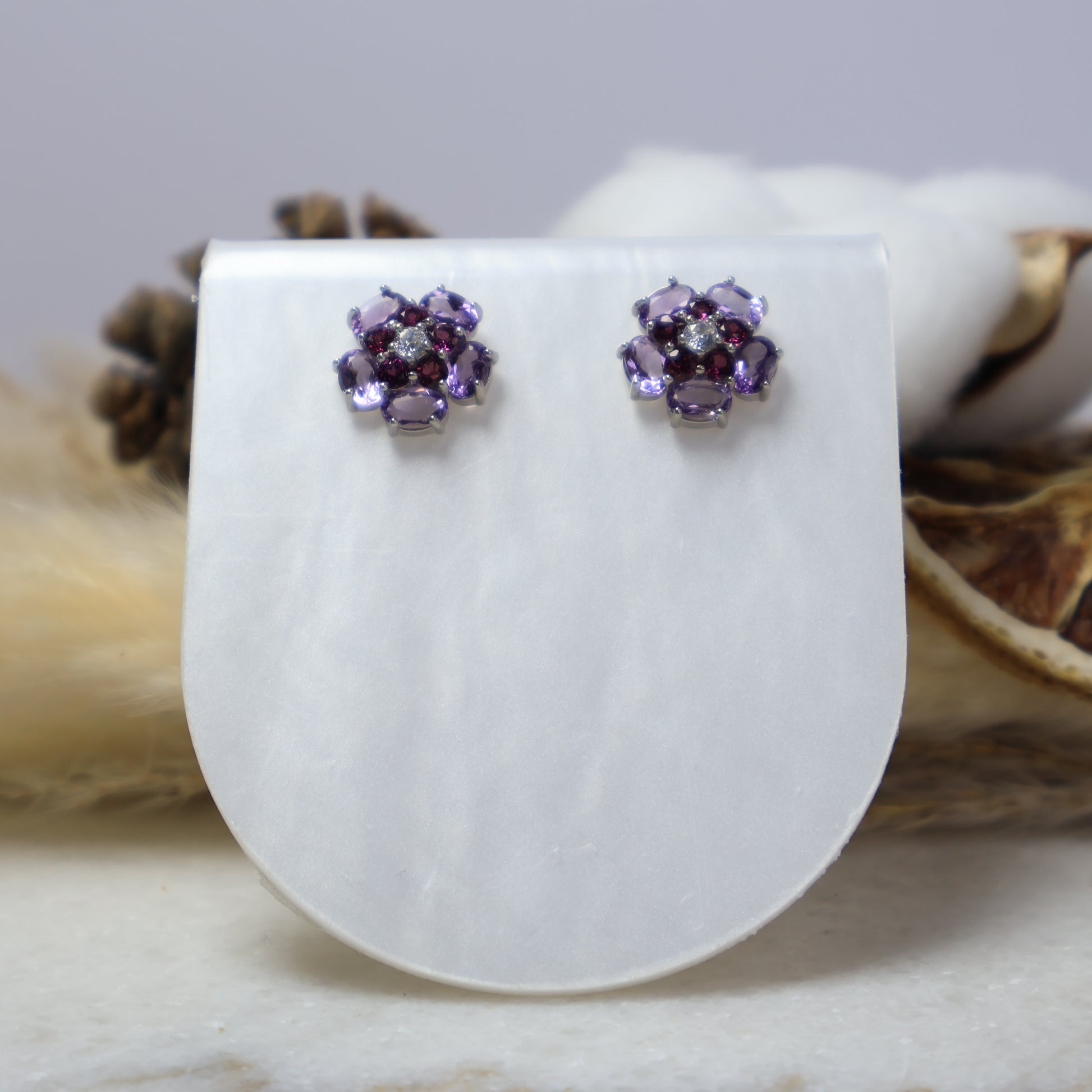 S925 Sterling Silver Natural Amethyst Garnet Flower Stud Earrings Front View