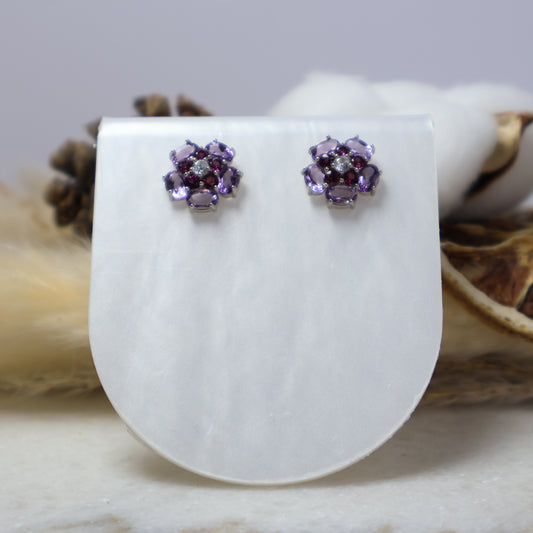 S925 Sterling Silver Natural Amethyst Garnet Flower Stud Earrings Front View