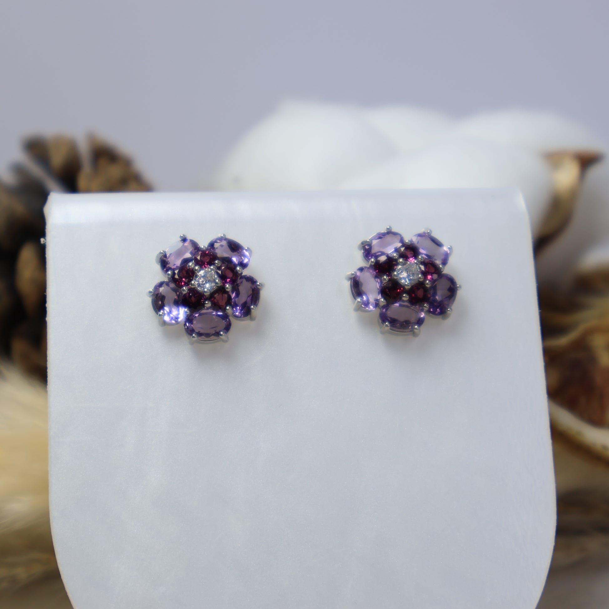 Close Up of S925 Sterling Silver Amethyst Garnet Flower Stud Earrings