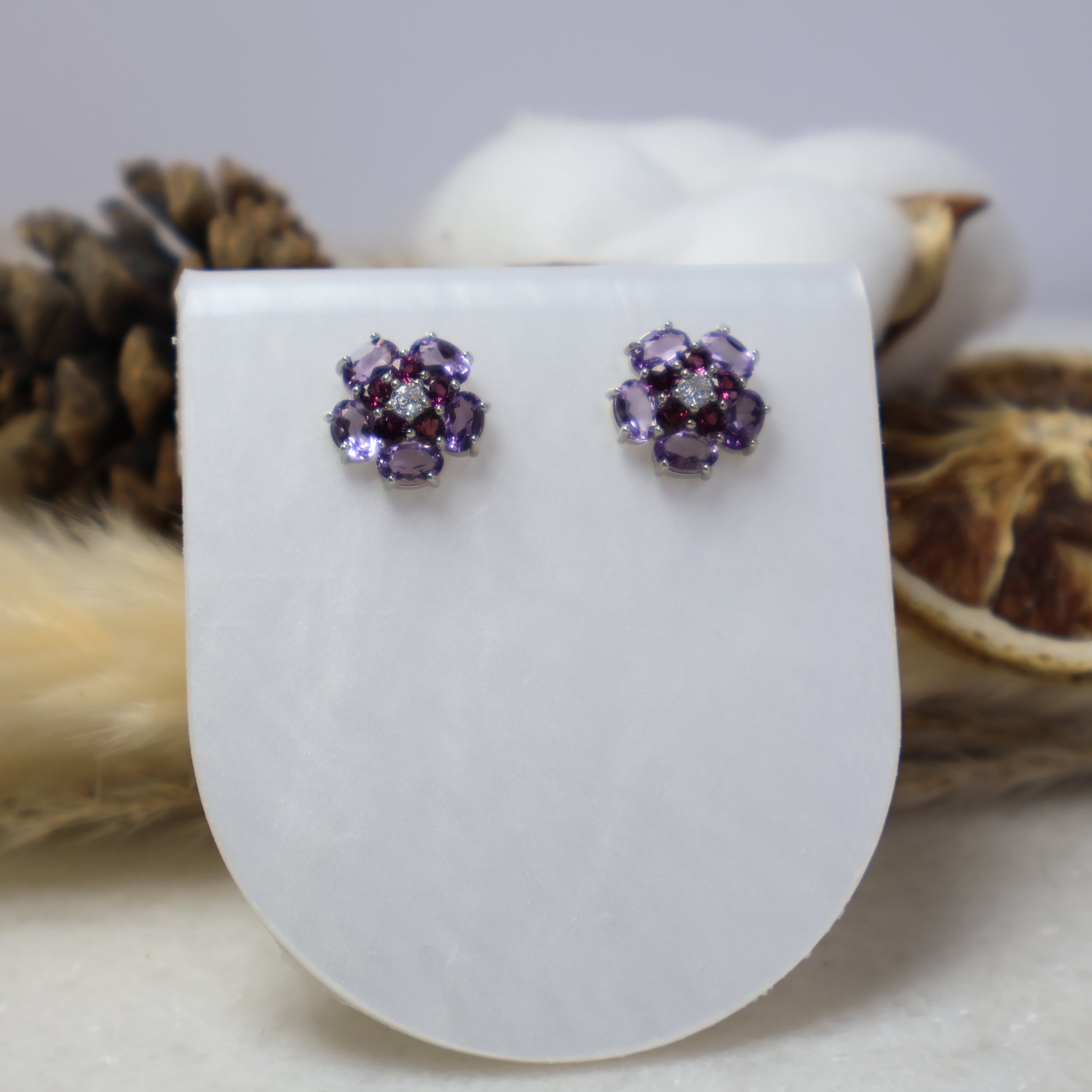 S925 Sterling Silver Amethyst Garnet Cubic Zirconia Flower Earrings Angle View