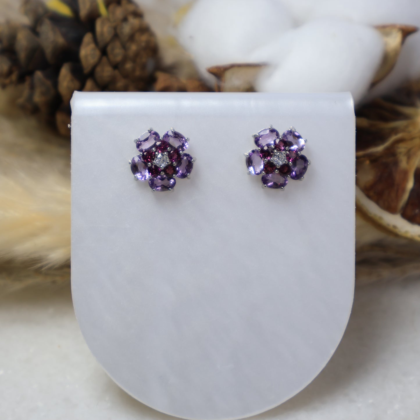 Natural Amethyst Garnet Floral Stud Earrings in S925 Sterling Silver