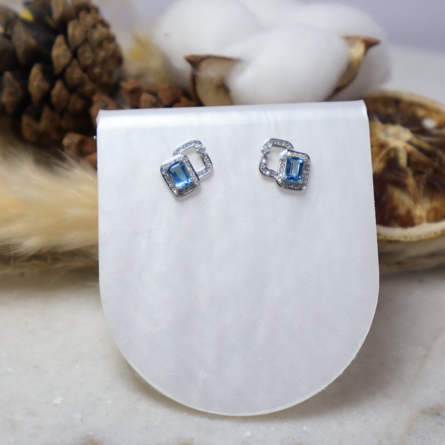 Natural Blue Topaz Rectangle Stud Earrings in S925 Sterling Silver with Cubic Zirconia Display