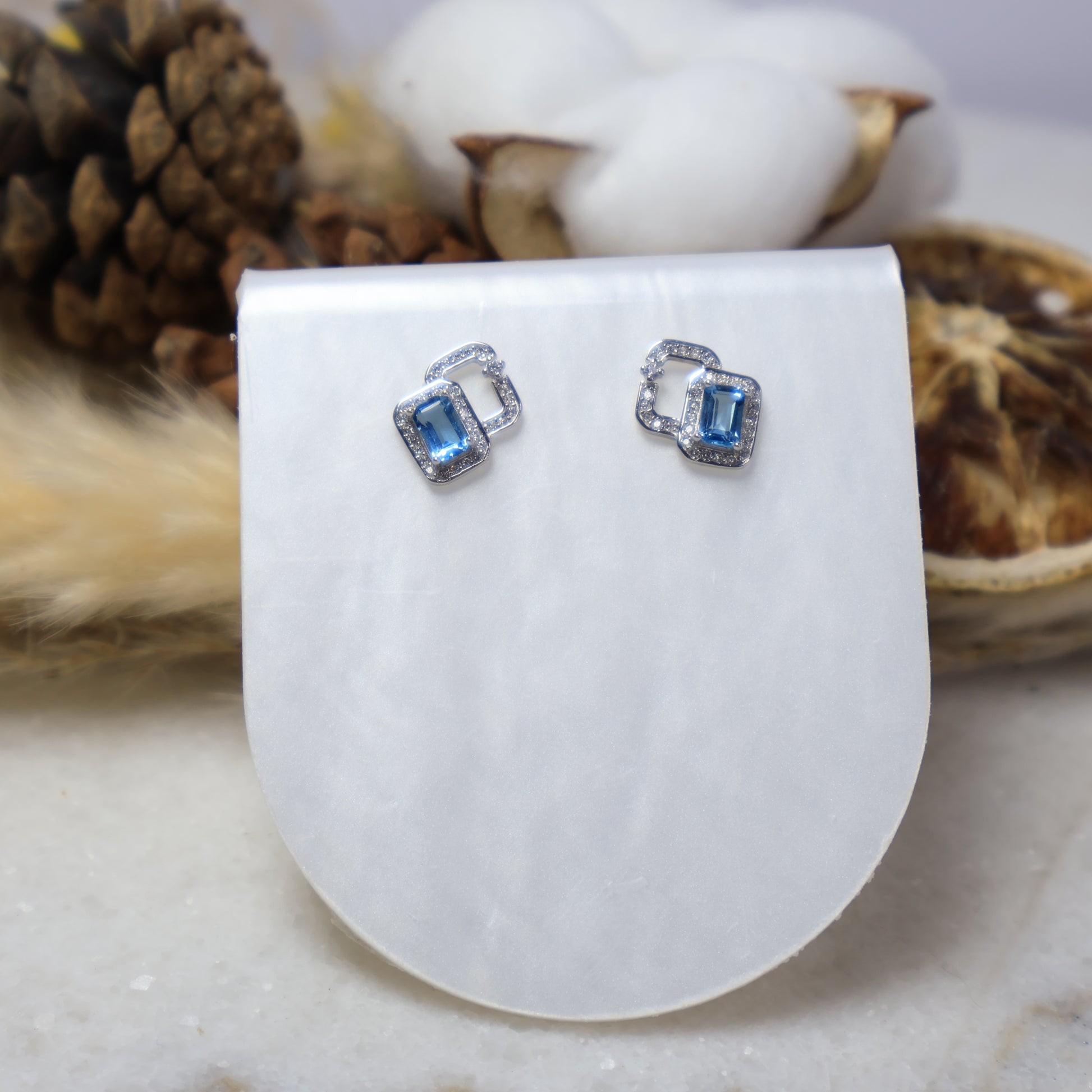 Natural Blue Topaz Rectangle Stud Earrings in S925 Sterling Silver with Cubic Zirconia Display