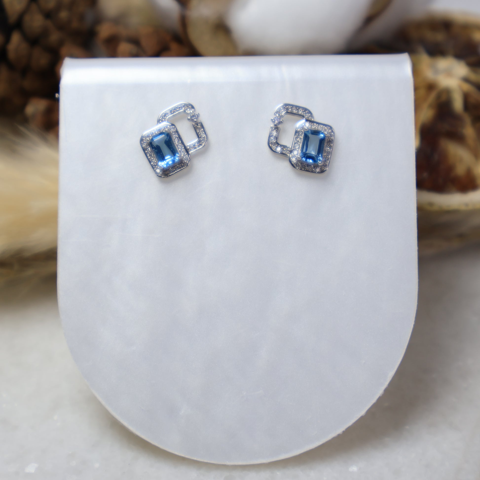 S925 Sterling Silver Natural Blue Topaz Stud Earrings with Cubic Zirconia Rectangle Design Front View