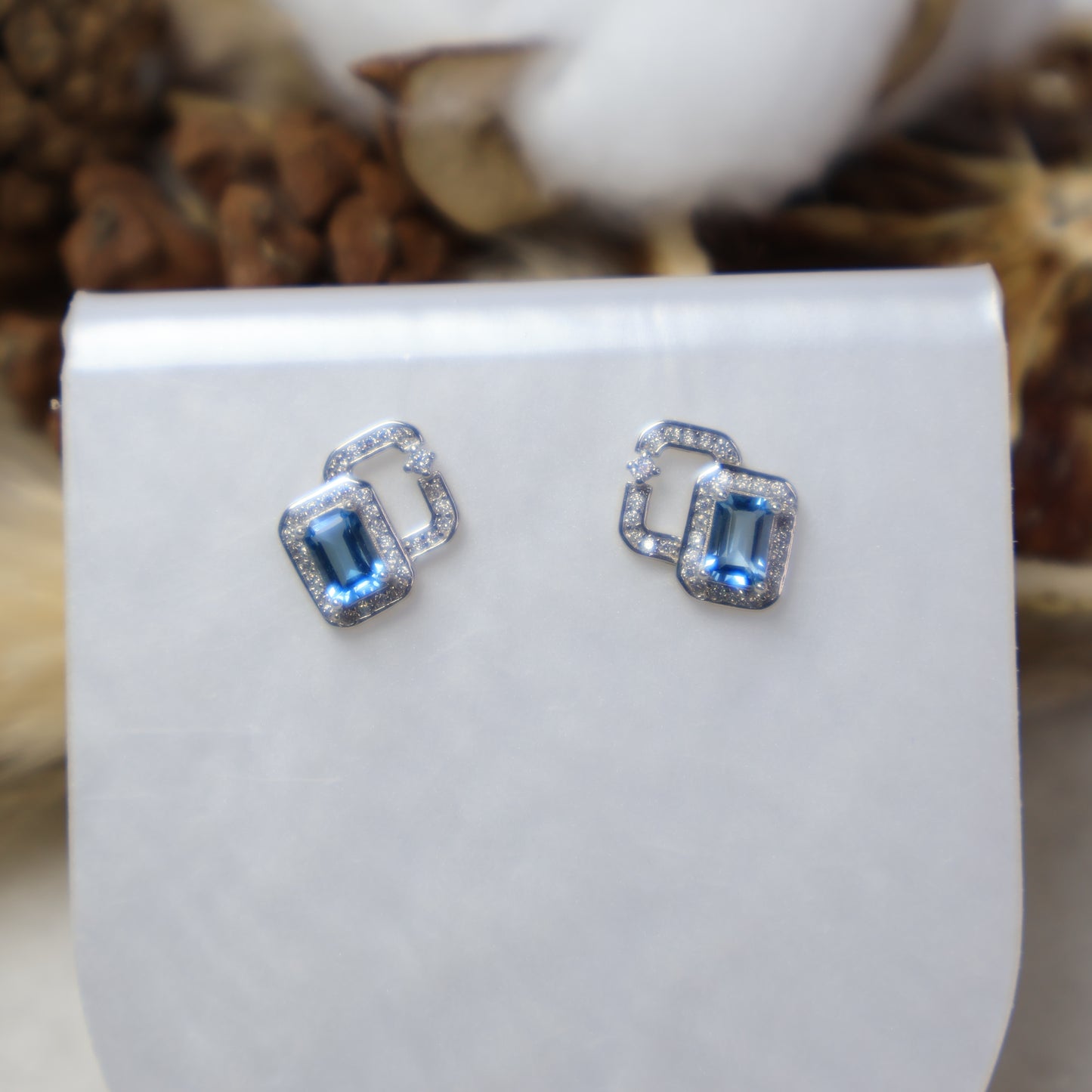 S925 Sterling Silver Blue Topaz Rectangle Earrings with Cubic Zirconia Angle View