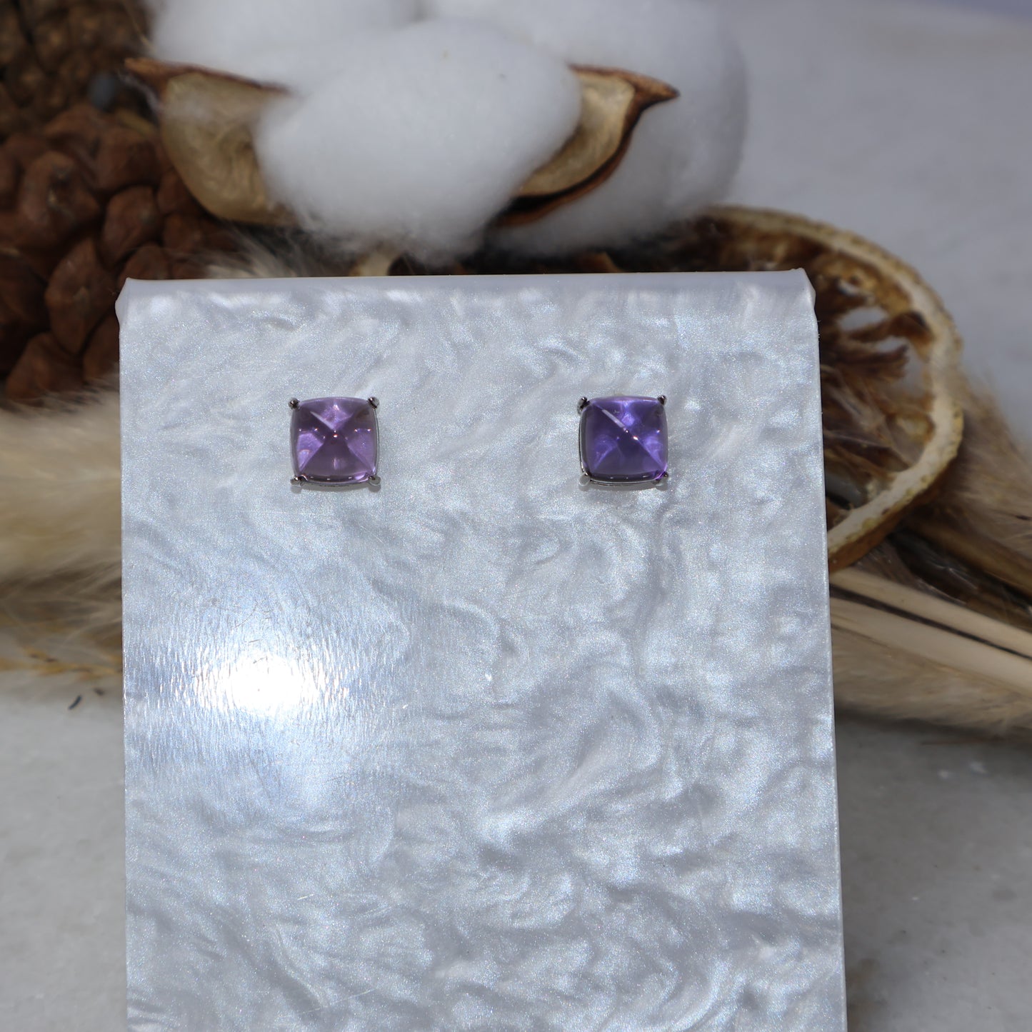Natural amethyst square stud earrings with sterling silver setting