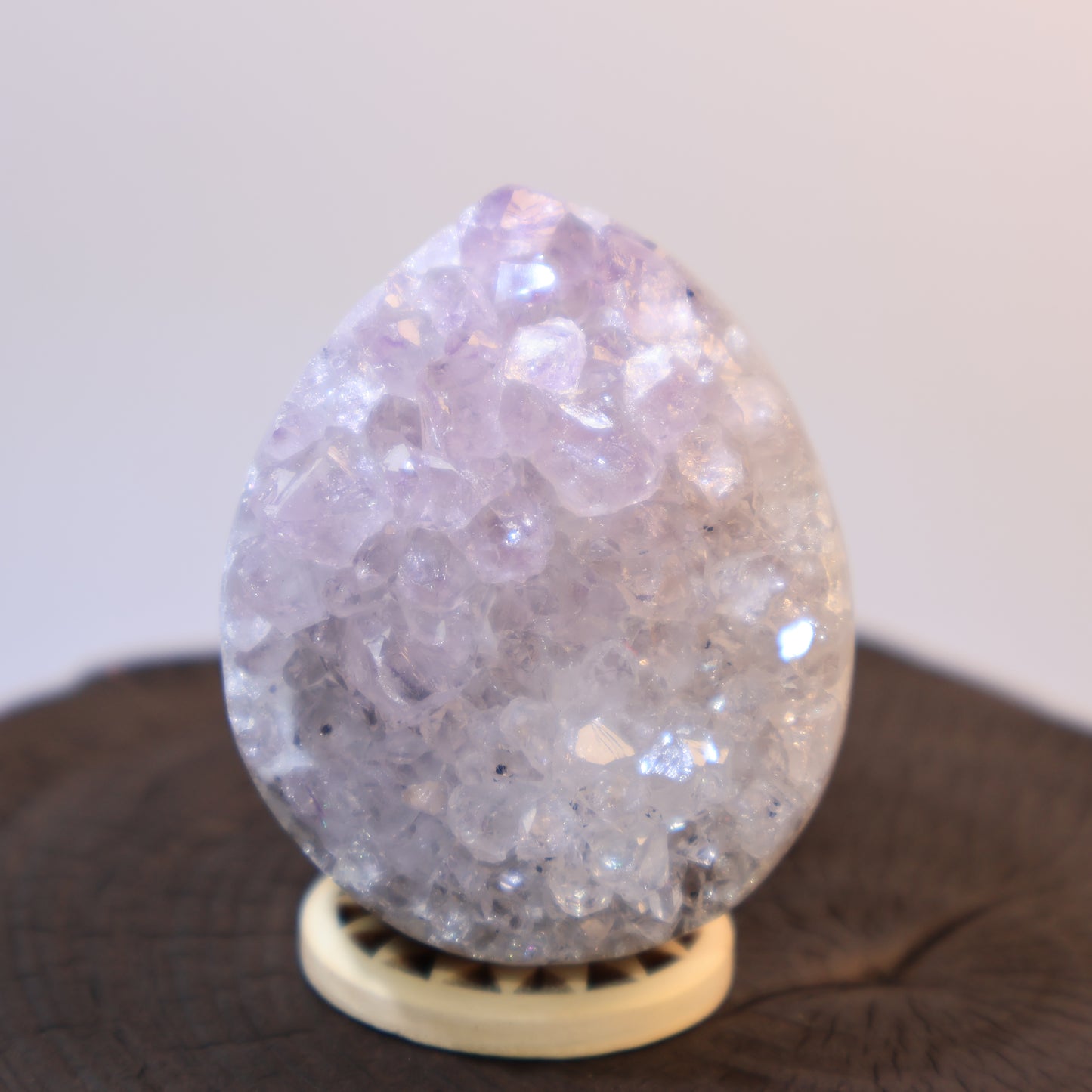 Close-up of Amethyst egg showing clear crystal points.