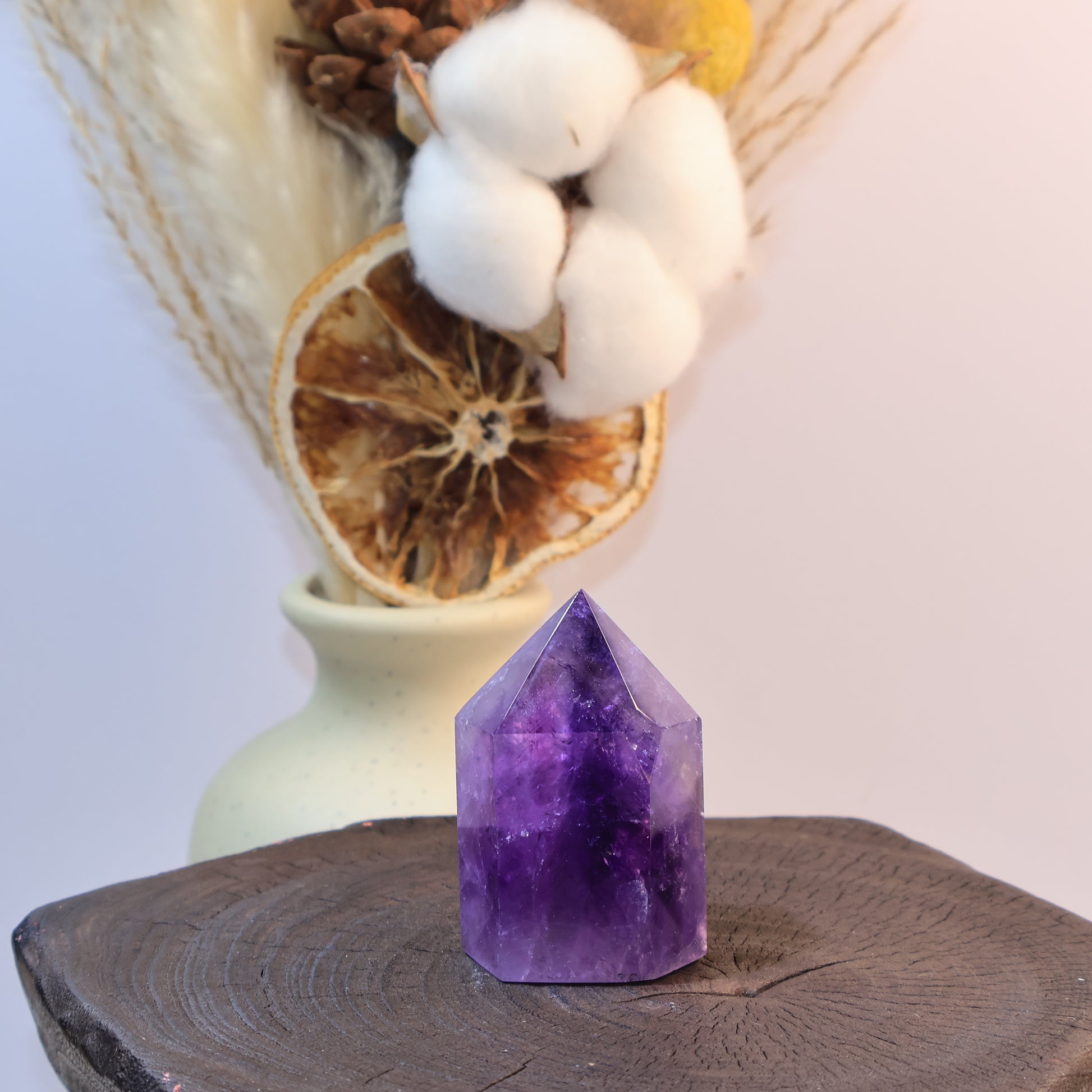Front view of Amethyst tower showing gradient purple color