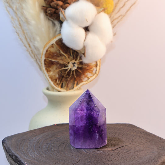Front view of Amethyst tower showing gradient purple color