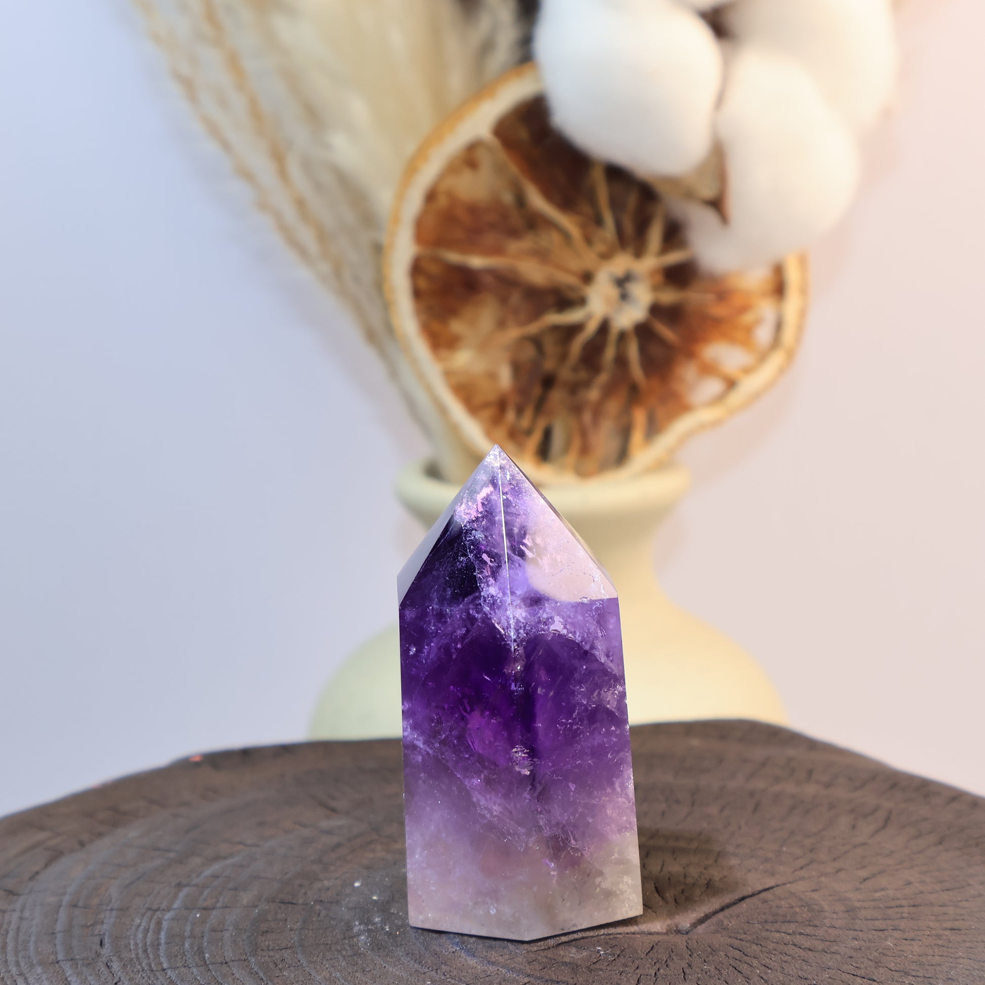 Side view of Amethyst tower with transparent crystal body.