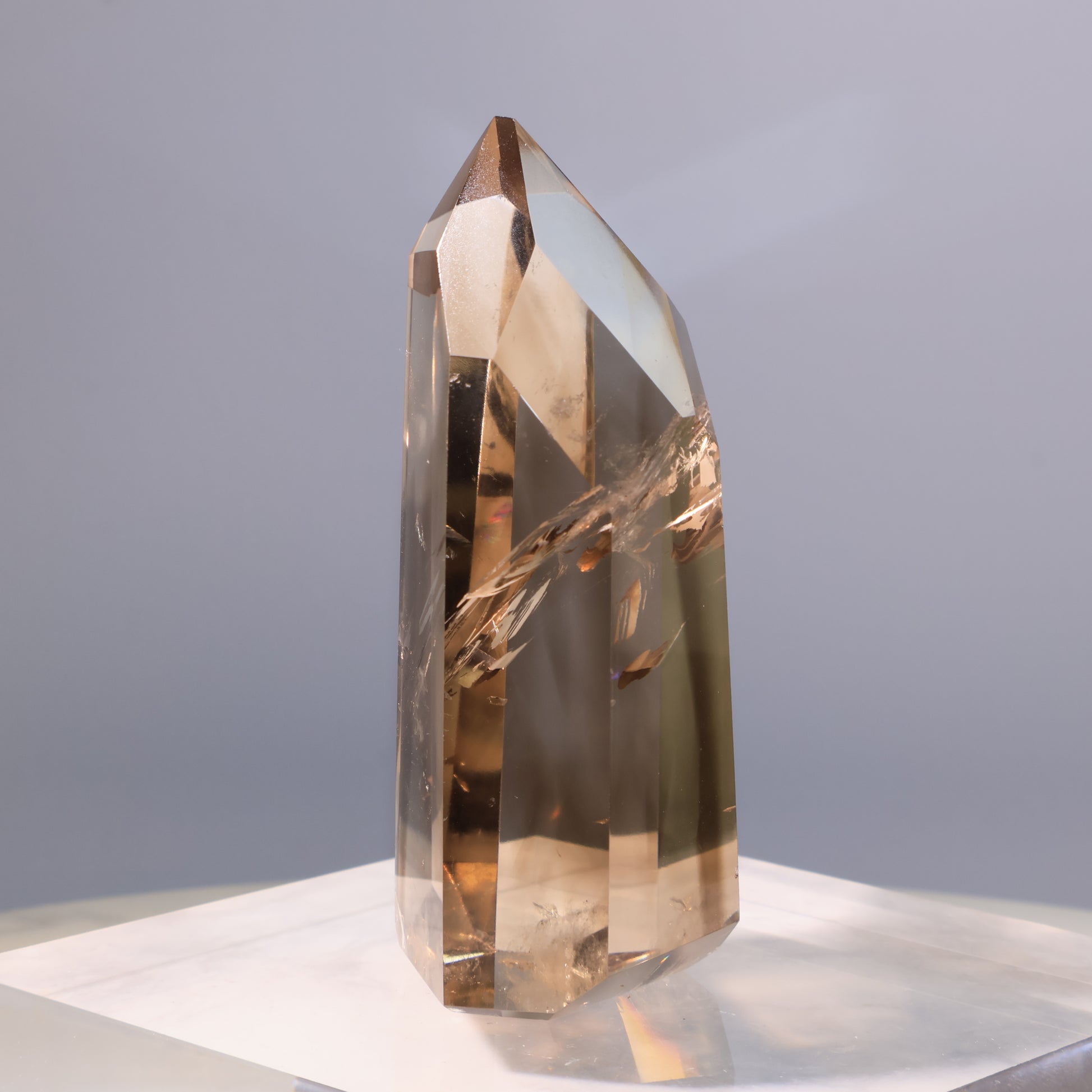 Smoky Quartz Tower – side view highlighting natural zoning bands.
