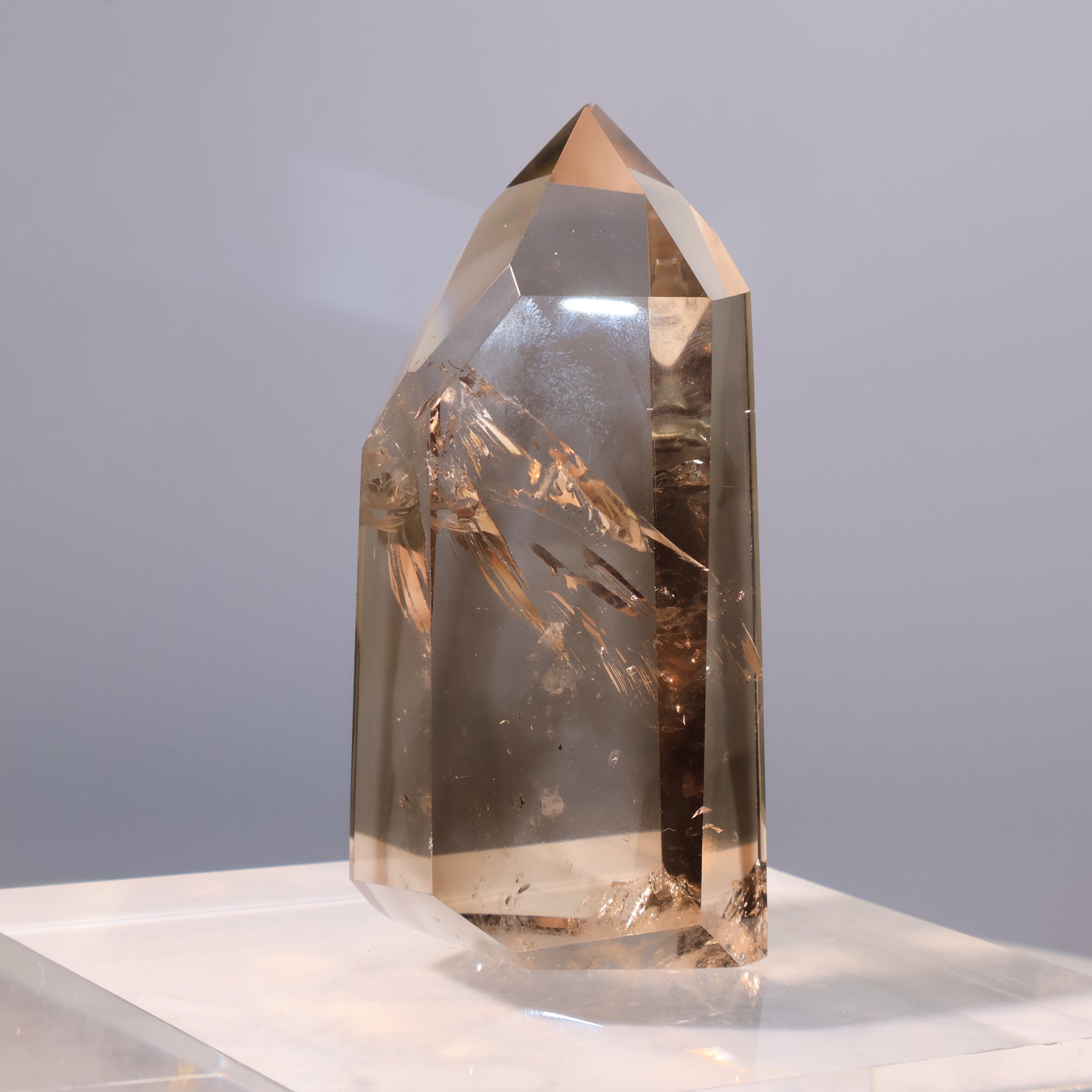 Smoky Quartz Tower – angled view with visible internal fractures.