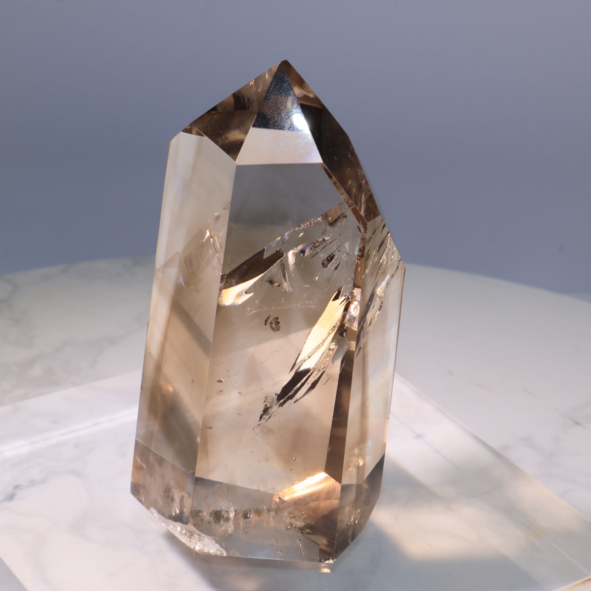 Smoky Quartz Tower – angled capture showing clear zoning.
