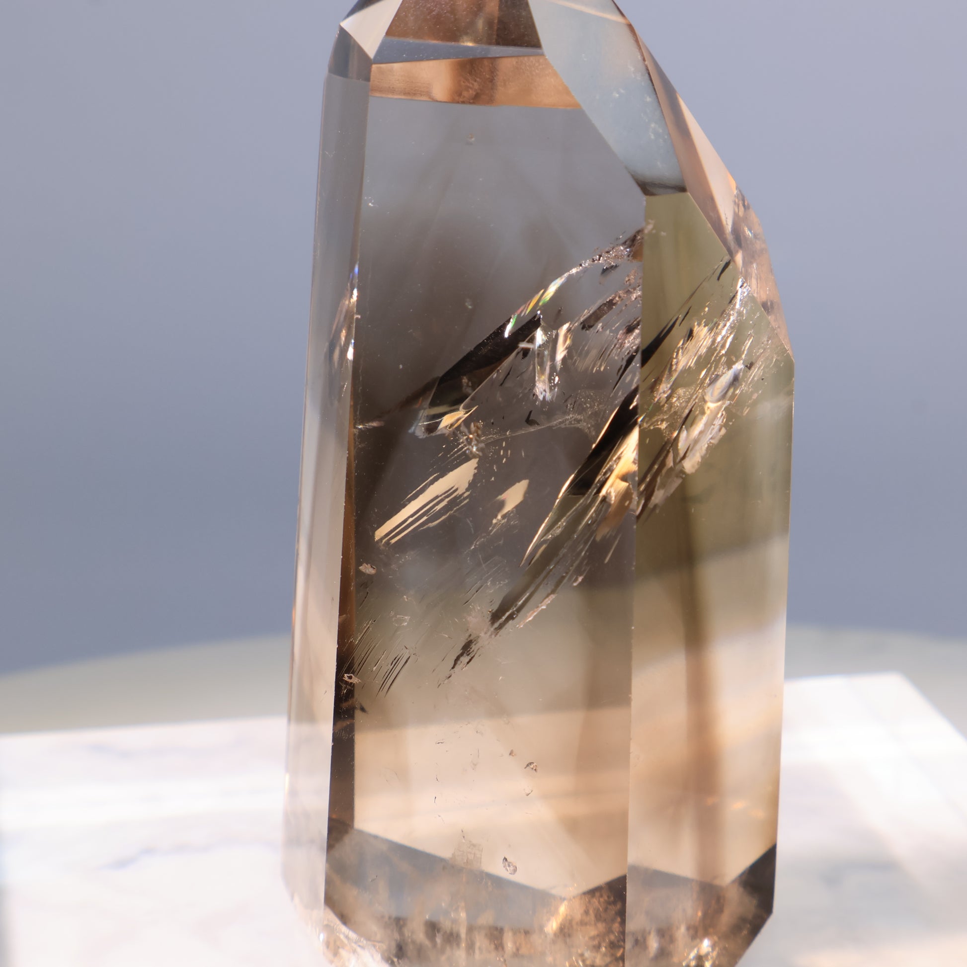 Smoky Quartz Tower – side macro showing internal fracture lines.