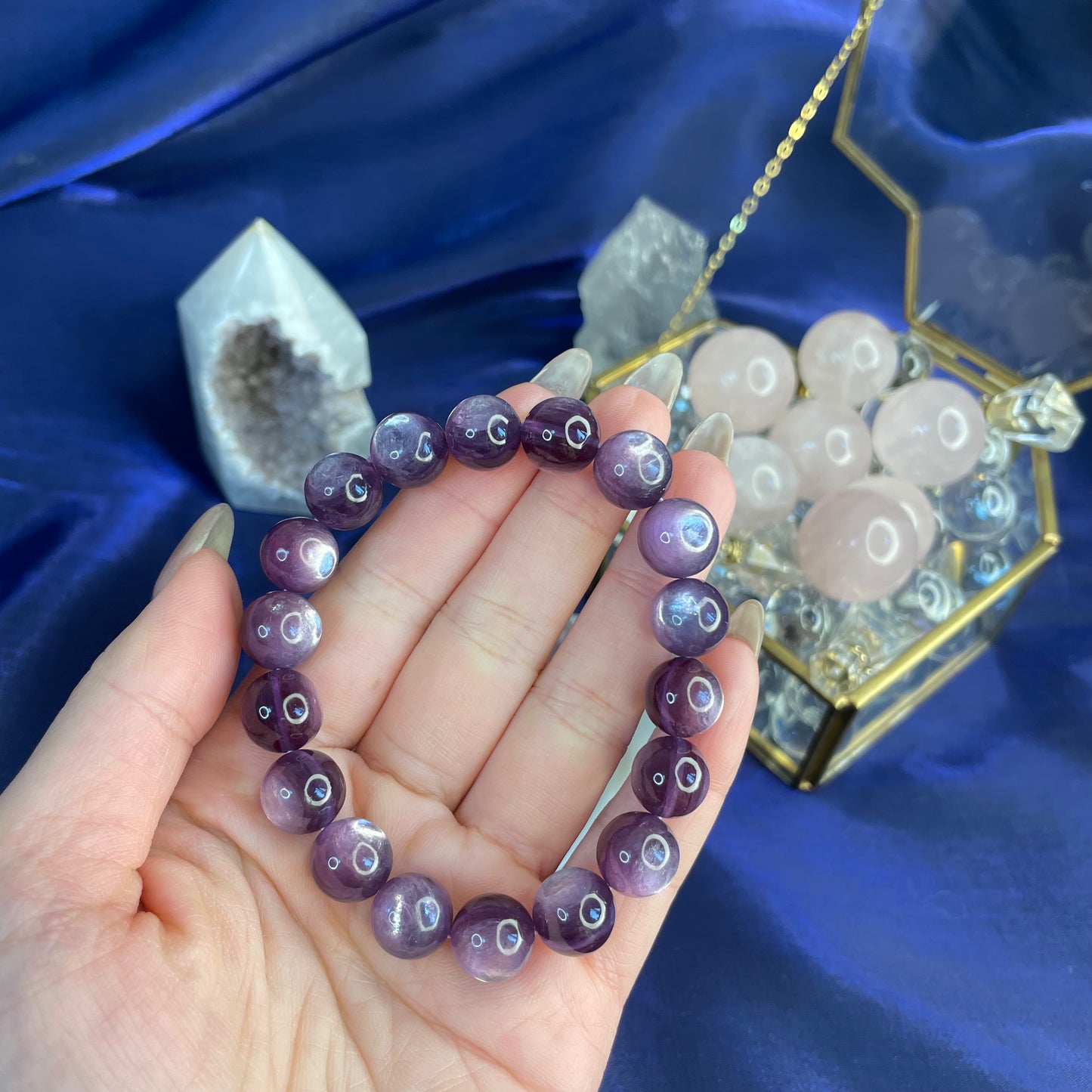Natural Lepidolite Bracelet – 11mm Calming Purple Mica Crystal for Emotional Balance