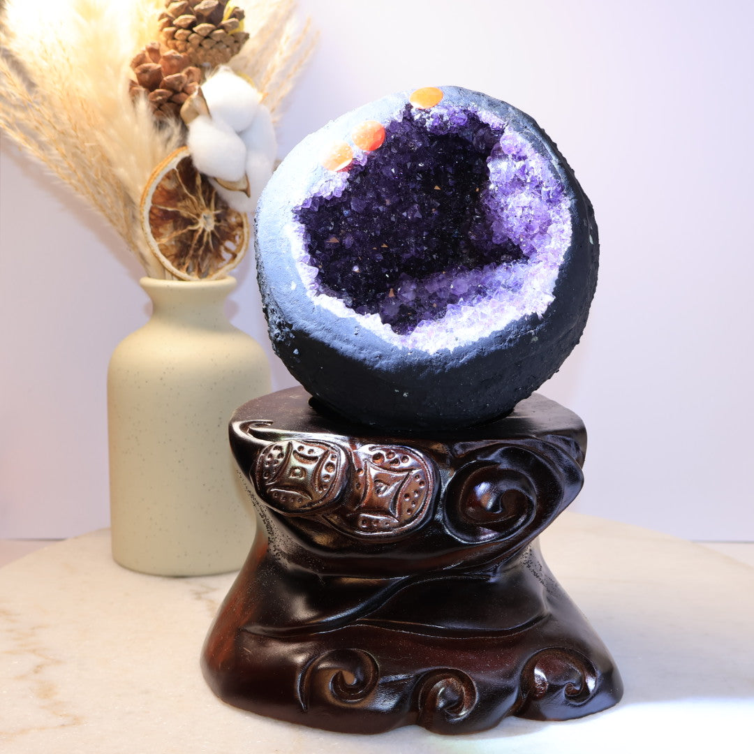 Uruguay Amethyst Geode Crystal Cave on Wooden Stand – 4.3kg Natural Purple Quartz Decor