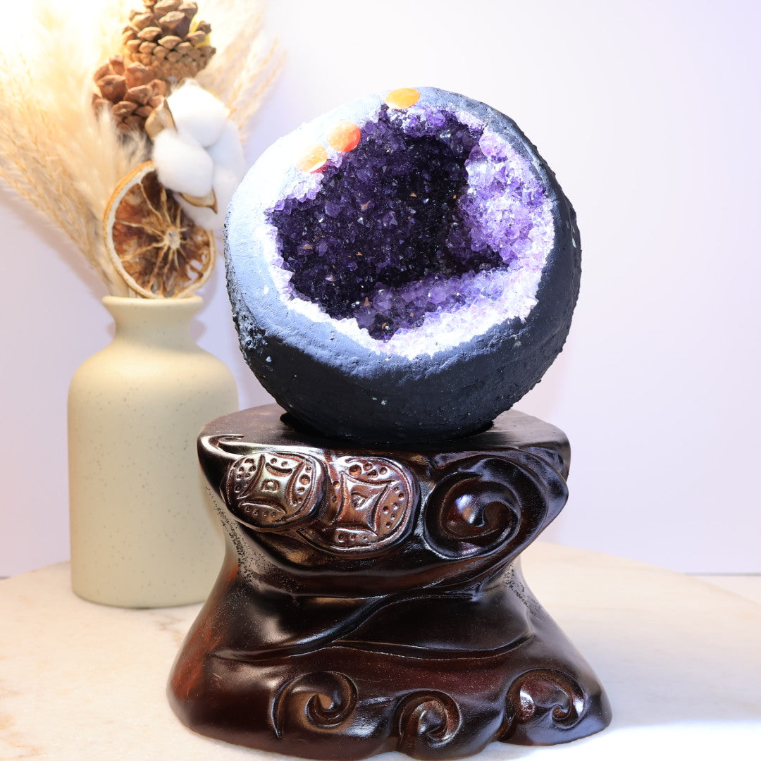 Natural Uruguay Amethyst Geode with Carved Wooden Base – Deep Purple Crystal Cave