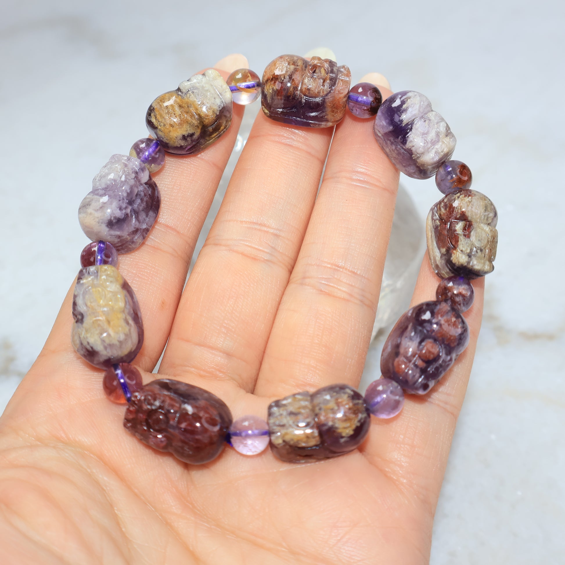 Handheld purple phantom quartz bracelet with nine carved Pixiu beads