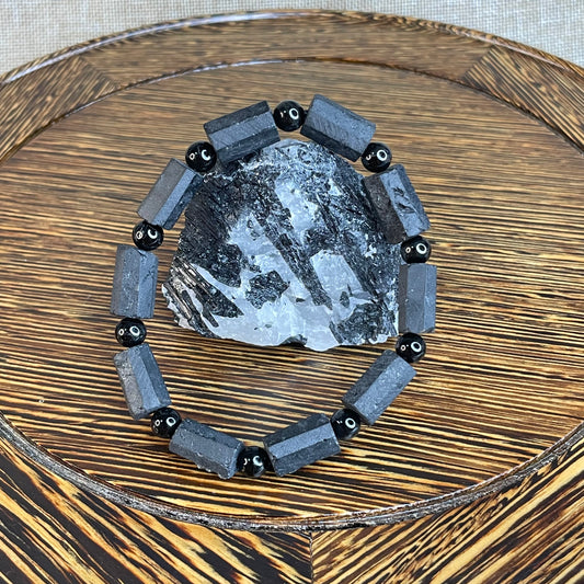 Natural Black Tourmaline Raw Crystal Bracelet | 9mm Hexagonal Beads | Protection & Grounding
