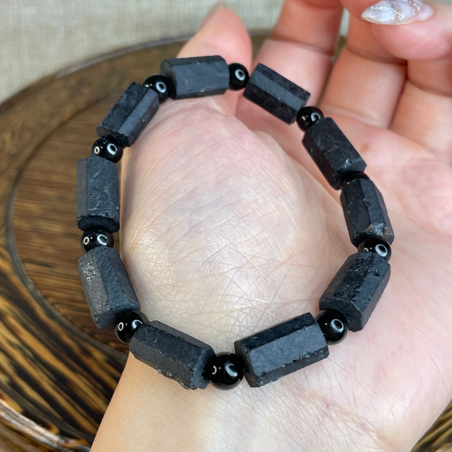 Natural Black Tourmaline Raw Crystal Bracelet | 9mm Hexagonal Beads | Protection & Grounding