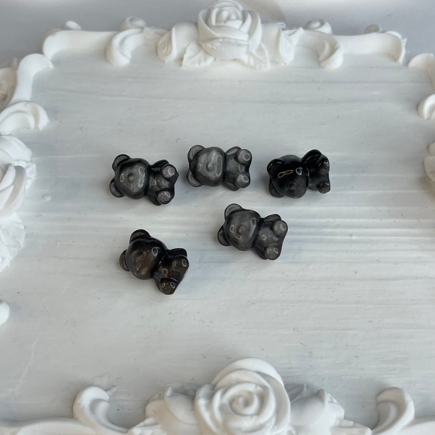5pcs Silver Sheen Obsidian Carved Bear Beads | 16x12mm Mini Crystals for DIY