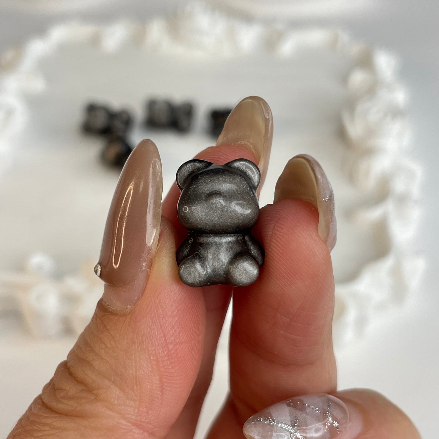5pcs Silver Sheen Obsidian Carved Bear Beads | 16x12mm Mini Crystals for DIY