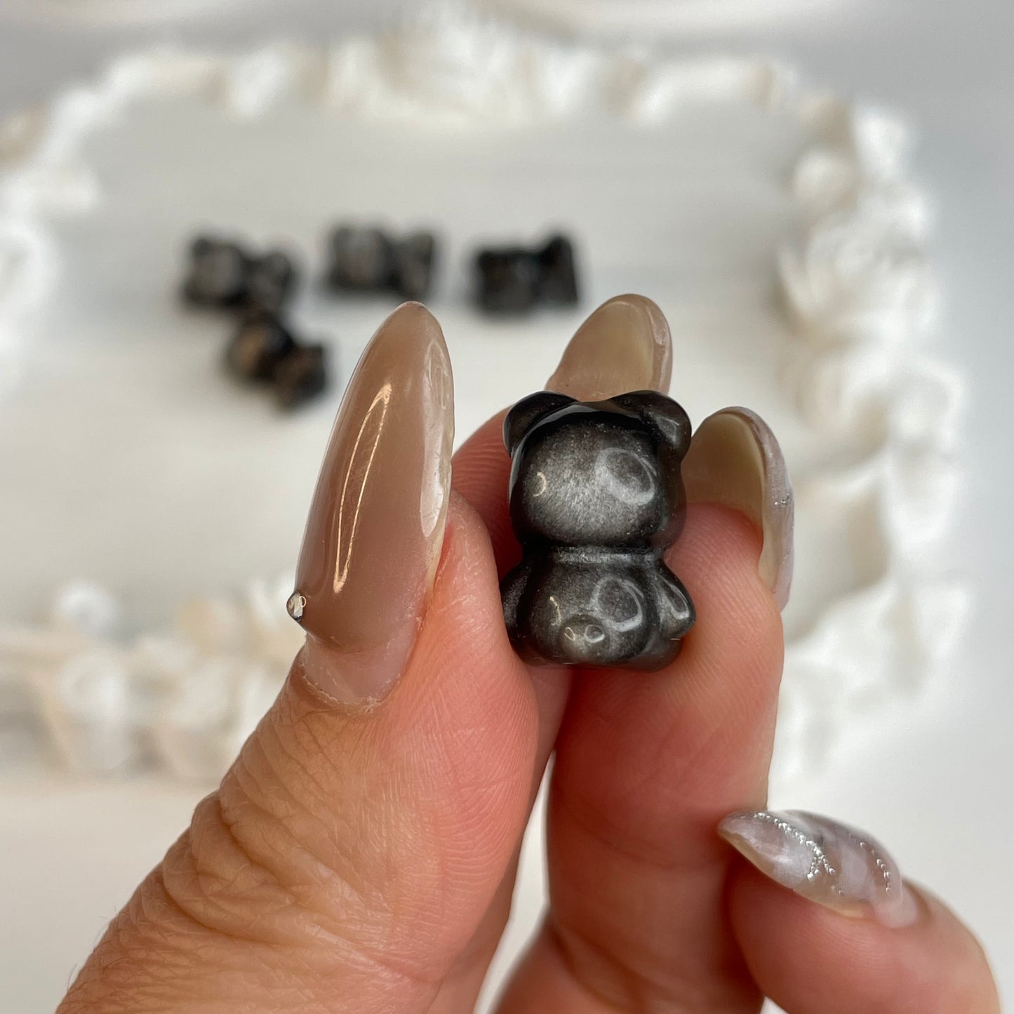 5pcs Silver Sheen Obsidian Carved Bear Beads | 16x12mm Mini Crystals for DIY