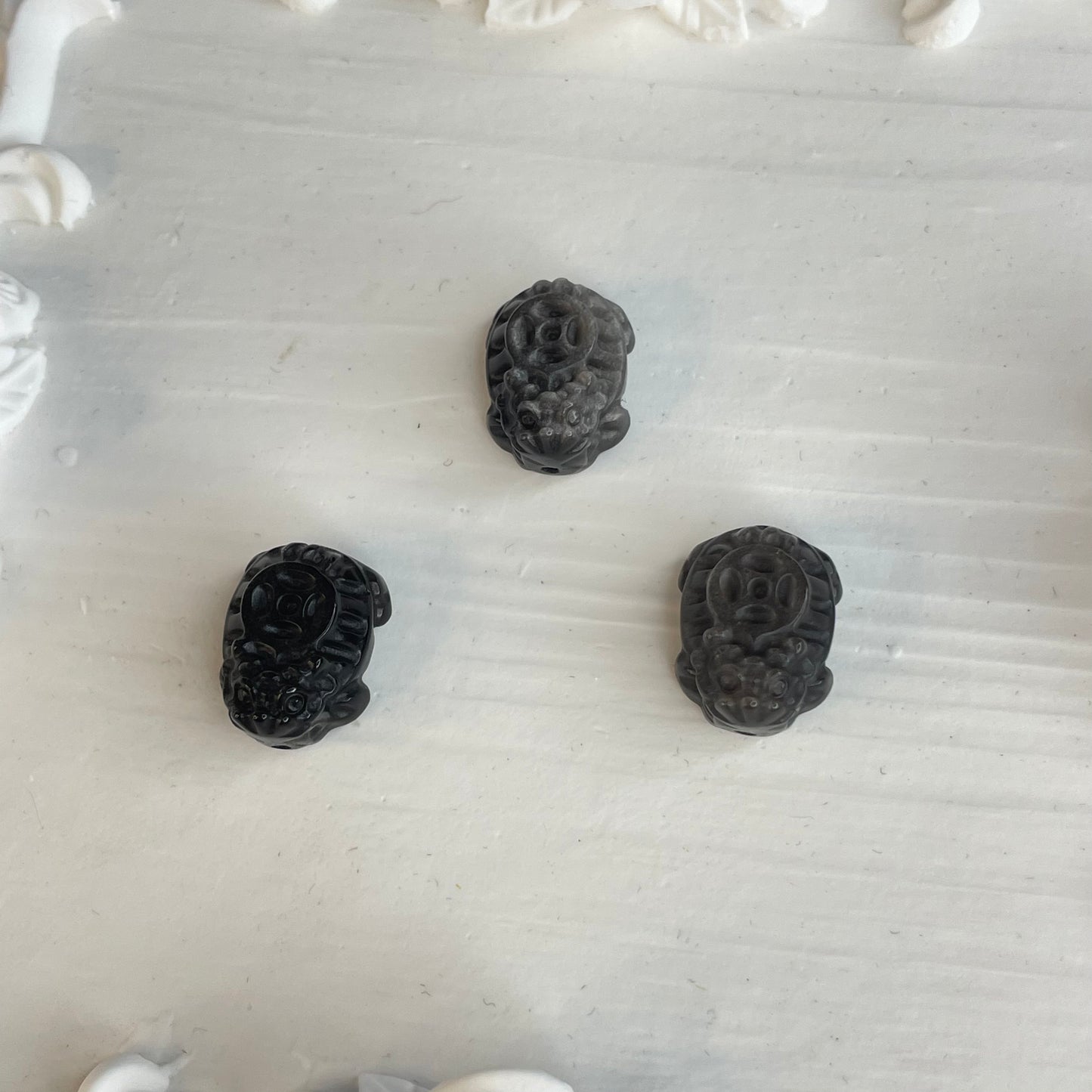 3pcs Silver Sheen Obsidian Dragon Turtle Beads | 14×19mm | Feng Shui Totem for Protection & Wealth