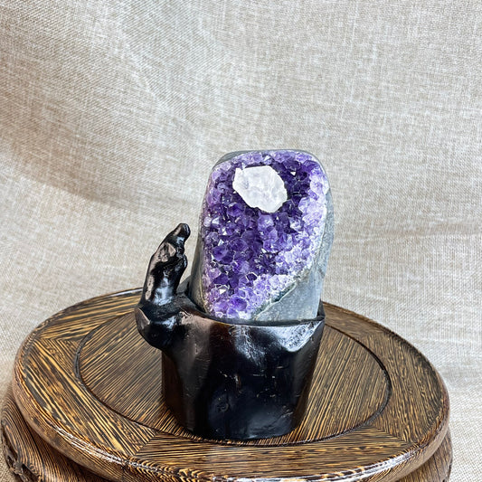 Amethyst Cluster with Calcite – With Hand-Carved Wooden Base