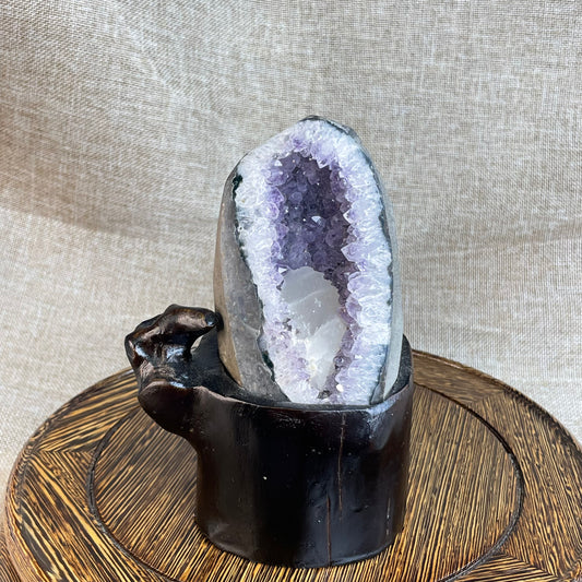 Amethyst Geode with Large Calcite Core – Hand-Carved Base