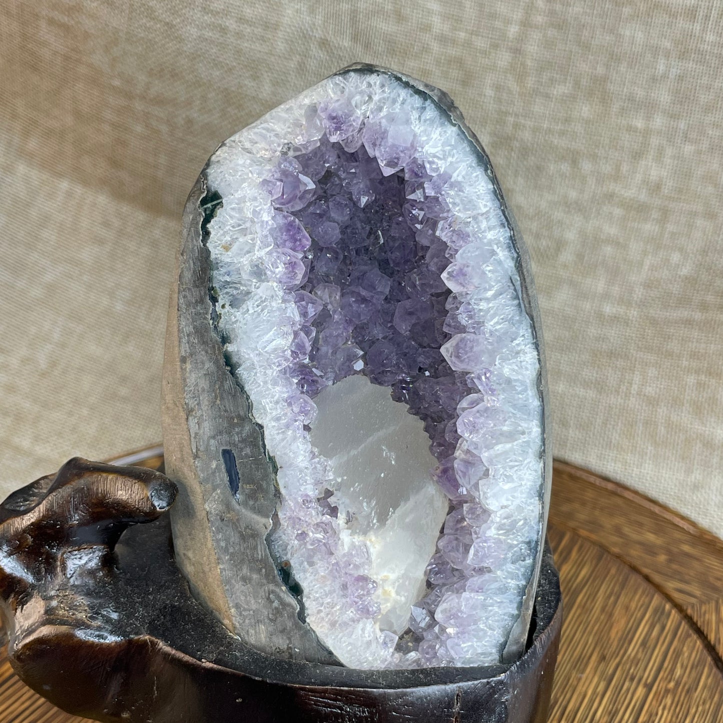 Amethyst Geode with Large Calcite Core – Hand-Carved Base