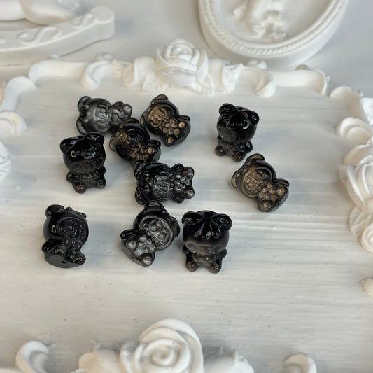 Set of 10 – Silver Obsidian Bear Carving Beads (18mm) | Natural Crystal DIY Charms