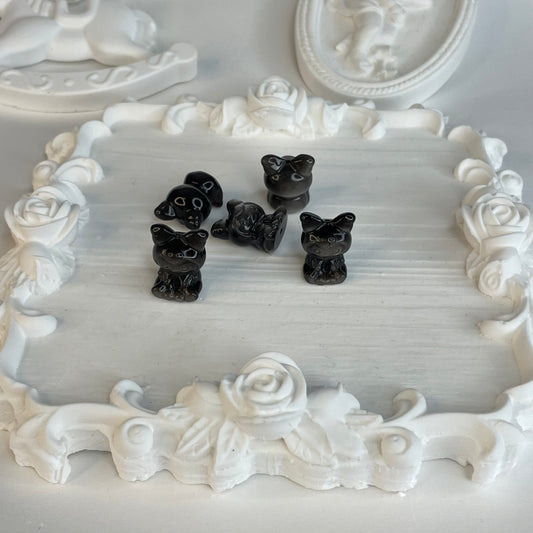 Set of 5 – Hand-Carved Silver Obsidian Kitty Beads | Cute DIY Crystal Charms (18mm)