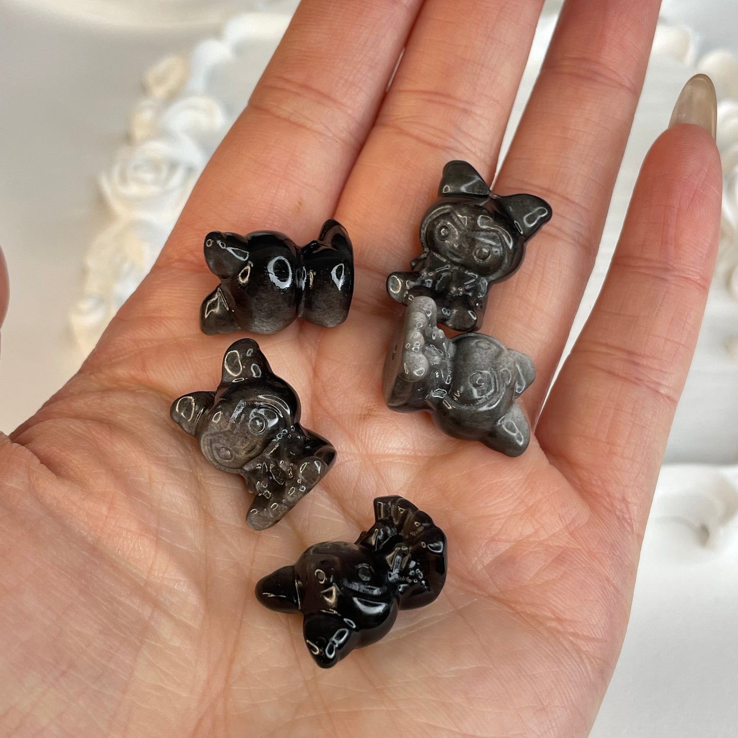 Set of 5 – Hand-Carved Silver Obsidian Kitty Beads | Cute DIY Crystal Charms (18mm)