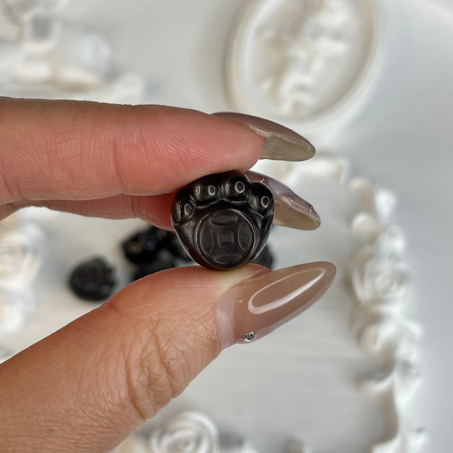 Set of 10 – Silver Obsidian Lucky Cat Paw Beads (13×18mm) | DIY Crystal Charm Accessories