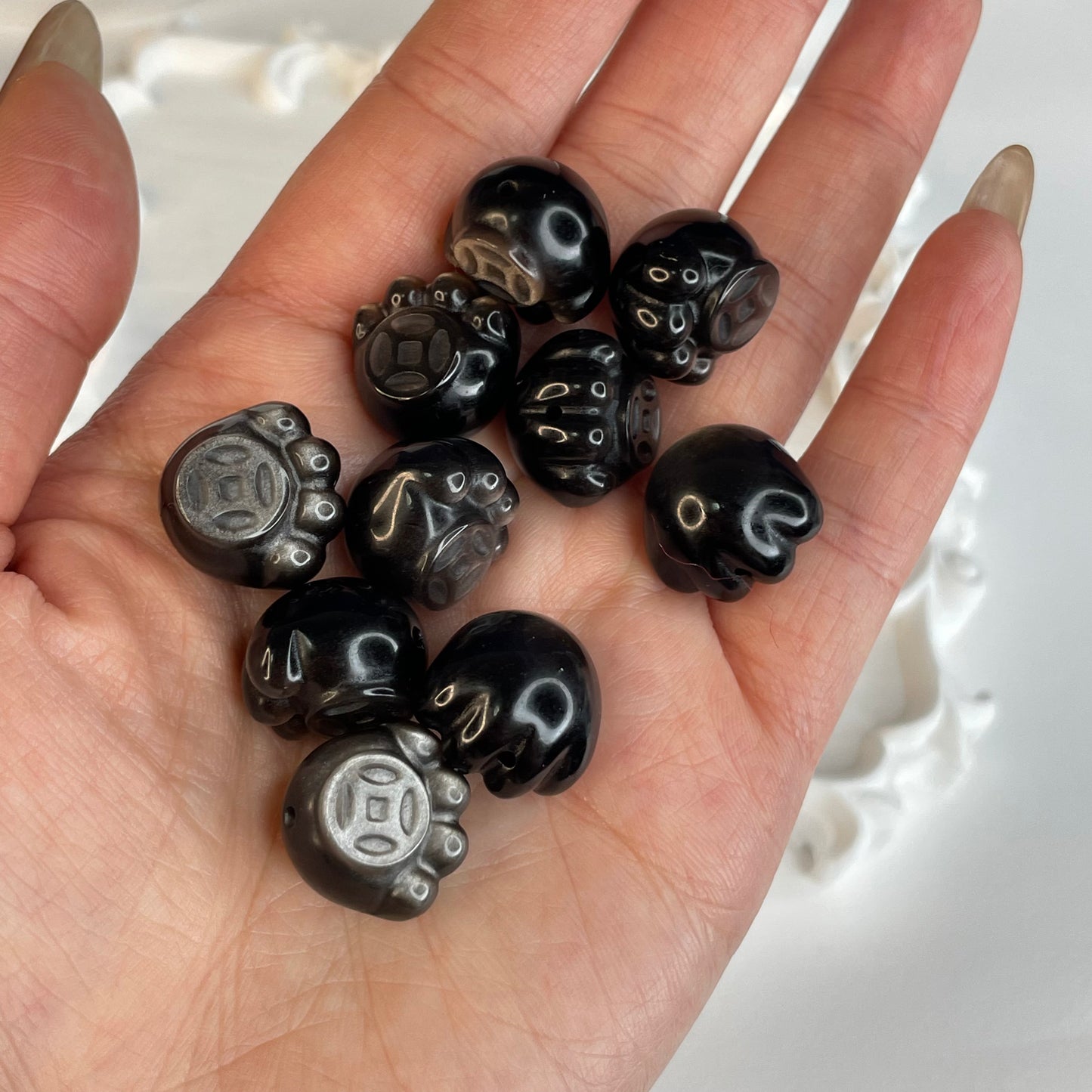 Set of 10 – Silver Obsidian Lucky Cat Paw Beads (13×18mm) | DIY Crystal Charm Accessories