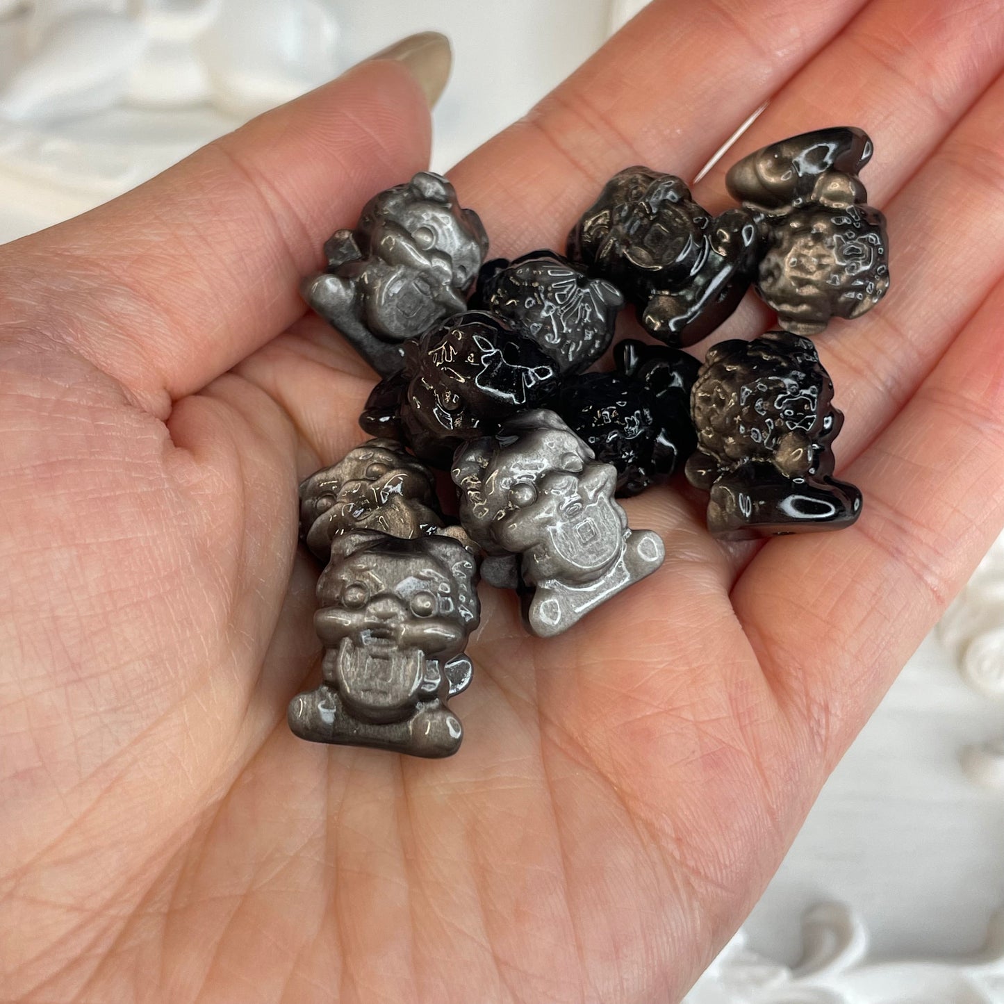 Set of 10 – Silver Obsidian Kirin Beads (18×12mm) | Hand-Carved DIY Protection & Wealth Charms
