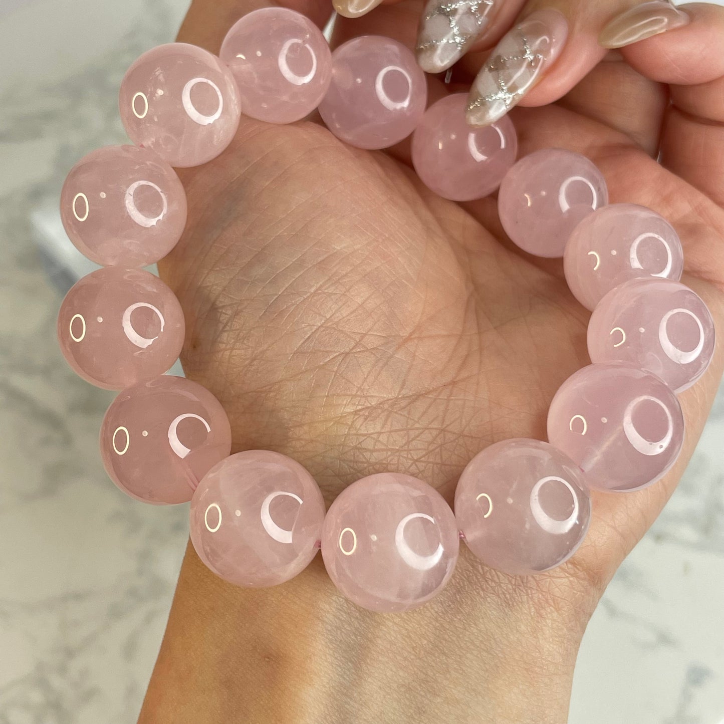 Rose Quartz 馬粉晶手串 – 15mm（原產地：馬達加斯加）