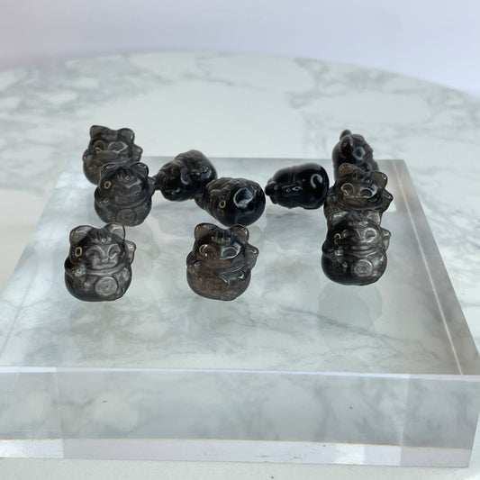 Silver Sheen Obsidian Lucky Cat 銀曜石招財貓 – DIY Beads 10pcs Set（16×16mm）
