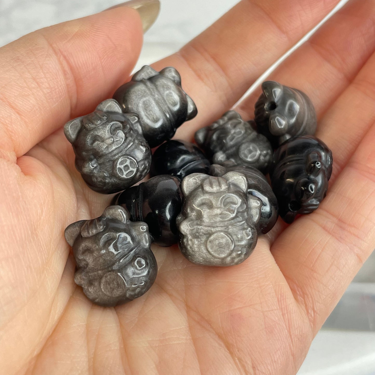 Silver Sheen Obsidian Lucky Cat 銀曜石招財貓 – DIY Beads 10pcs Set（16×16mm）