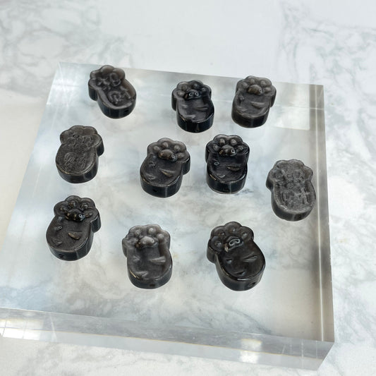Silver Sheen Obsidian Double-Sided Beads 銀曜石雙面雕刻珠 – 招財 x 貓爪（10pcs｜14×19mm）