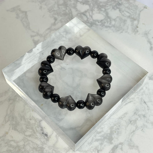 Silver Sheen Obsidian Bracelet 銀曜石手串 – Heart 16mm + Beads 8mm（Mexico 墨西哥）