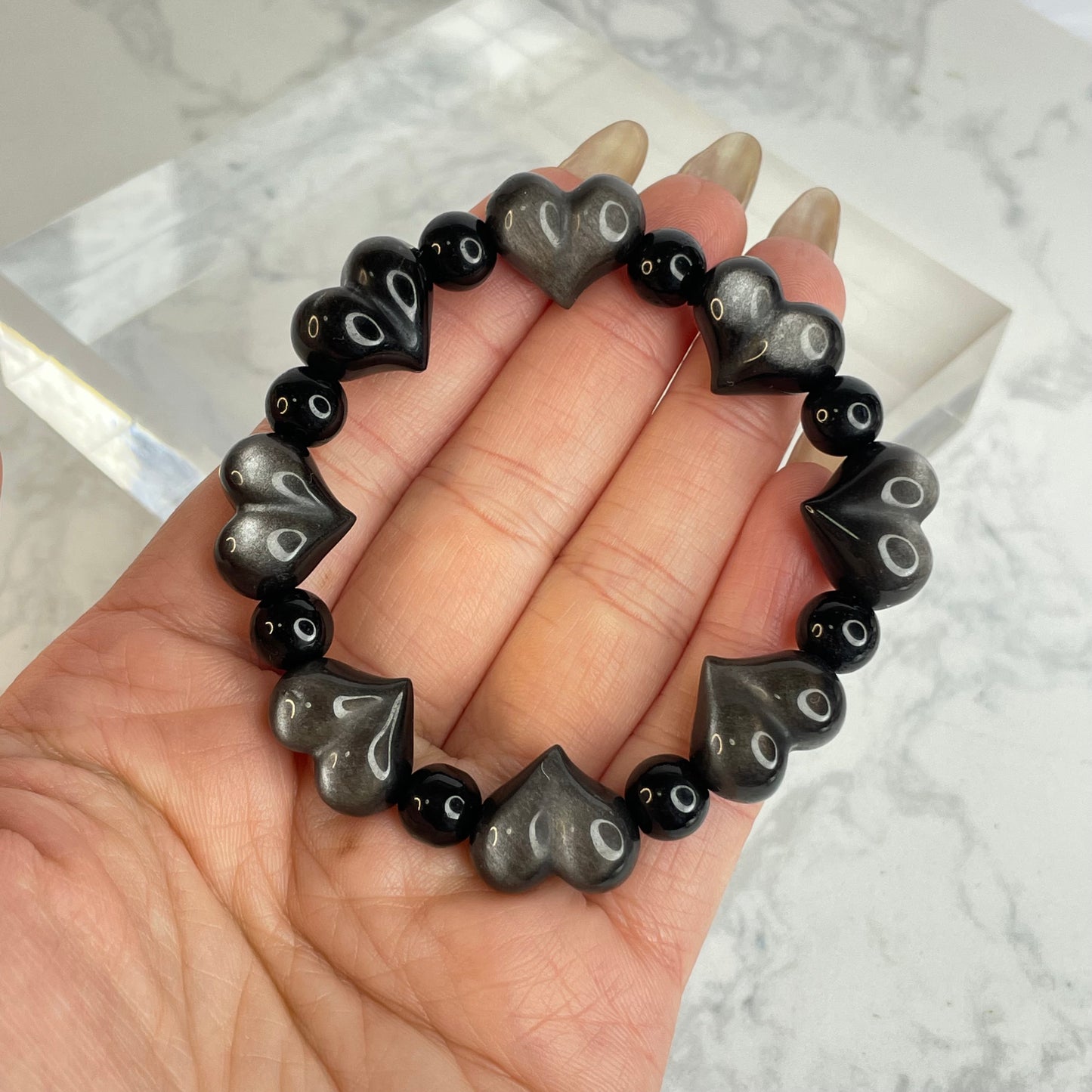 Silver Sheen Obsidian Bracelet 銀曜石手串 – Heart 16mm + Beads 8mm（Mexico 墨西哥）