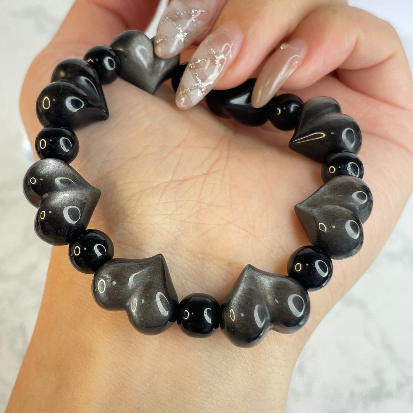 Silver Sheen Obsidian Bracelet 銀曜石手串 – Heart 16mm + Beads 8mm（Mexico 墨西哥）