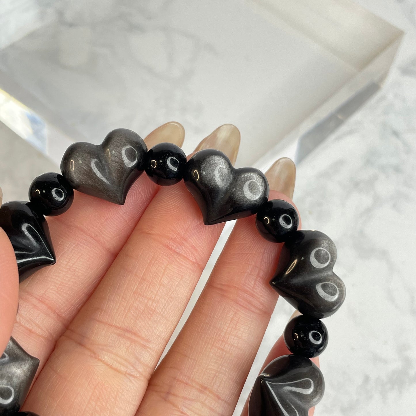 Silver Sheen Obsidian Bracelet 銀曜石手串 – Heart 16mm + Beads 8mm（Mexico 墨西哥）