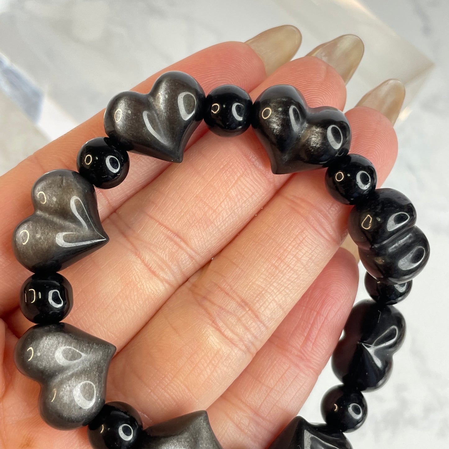 Silver Sheen Obsidian Bracelet 銀曜石手串 – Heart 16mm + Beads 8mm（Mexico 墨西哥）