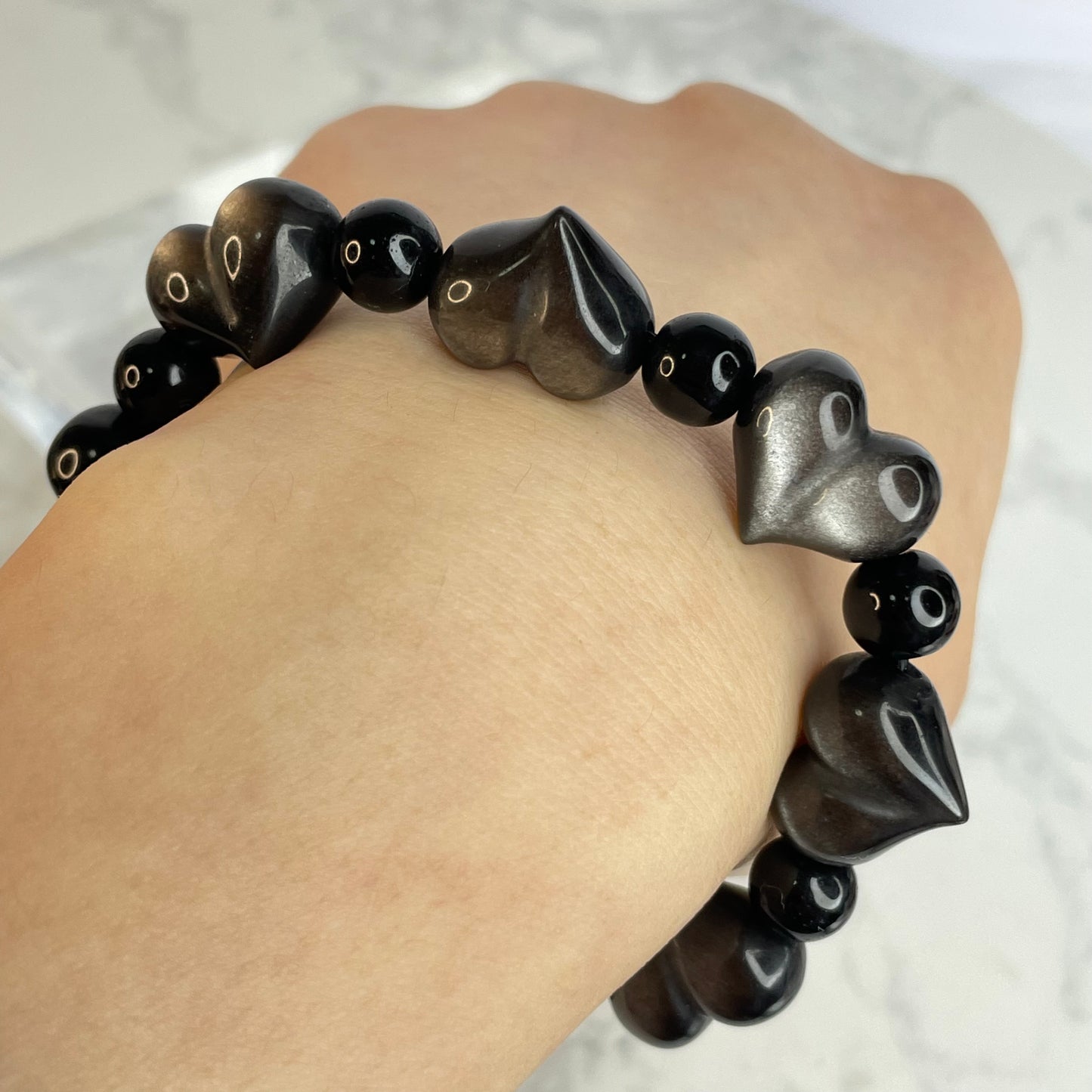 Silver Sheen Obsidian Bracelet 銀曜石手串 – Heart 16mm + Beads 8mm（Mexico 墨西哥）