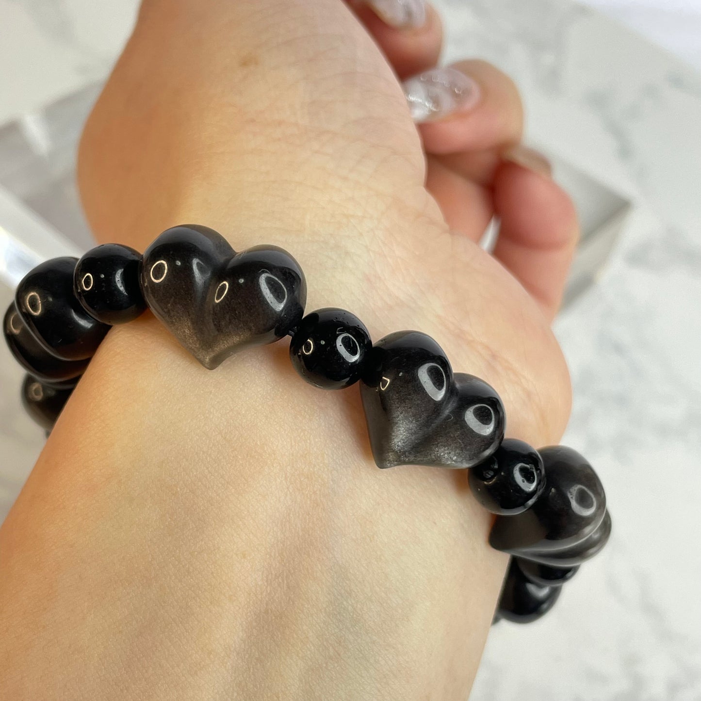 Silver Sheen Obsidian Bracelet 銀曜石手串 – Heart 16mm + Beads 8mm（Mexico 墨西哥）