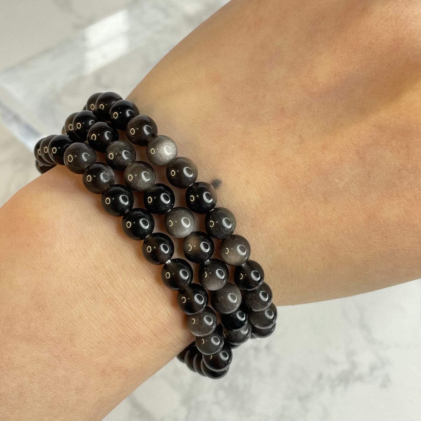 Silver Sheen Obsidian Wrap Bracelet 銀曜石三圈手串/項鍊 – 6mm（Mexico 墨西哥）